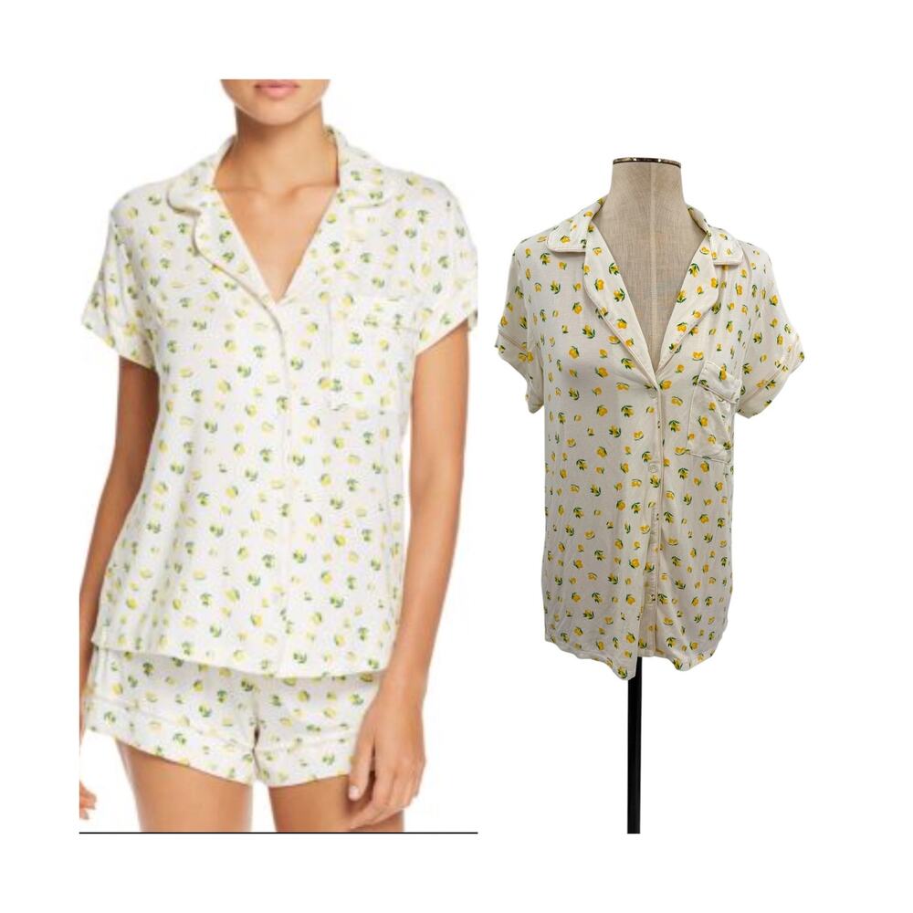 Eberjey Dianna Lemon‎ Print Short Sleeve Pajama Shirt White Yellow Medium